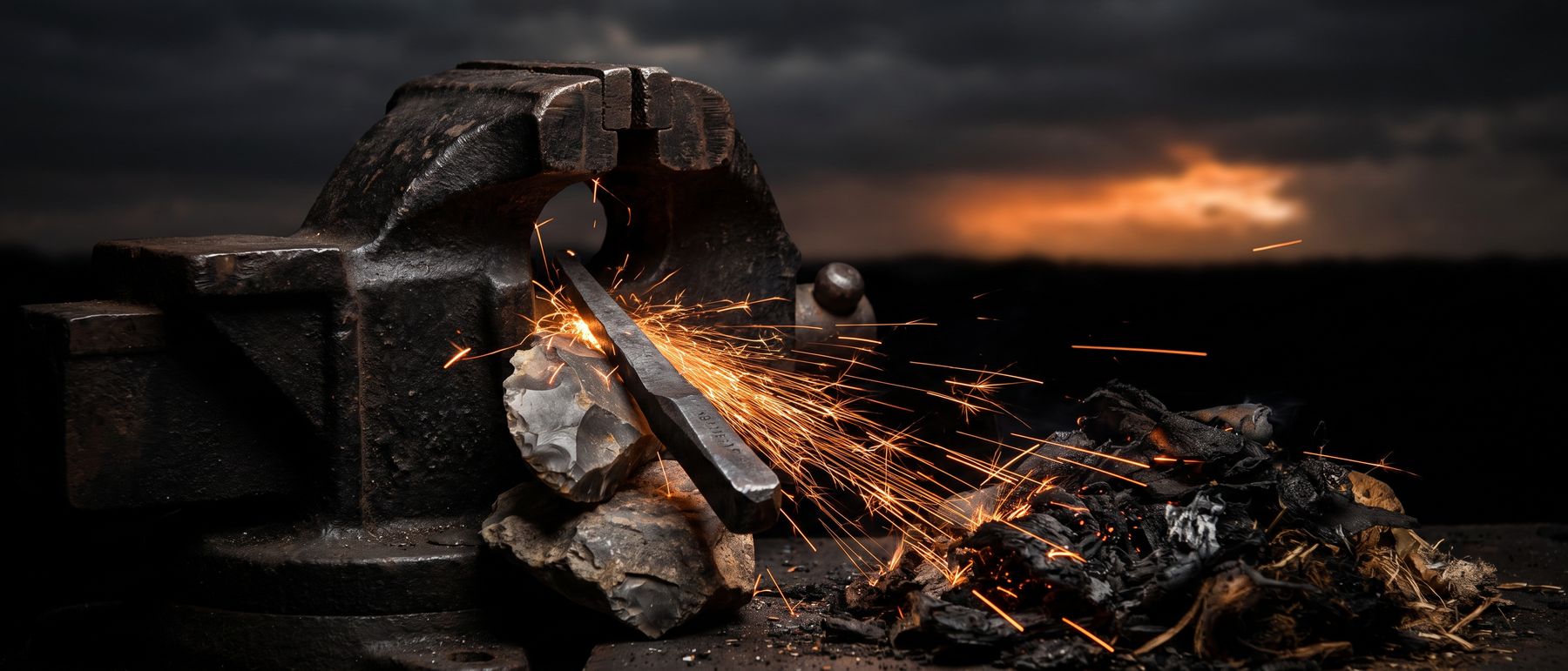 Flint and steel struck in an iron vice, throwing sparks across the dark