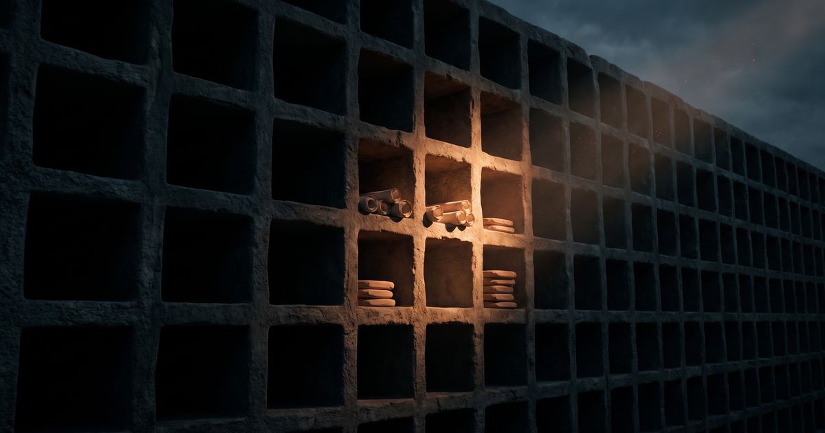 A wall of deep stone storage niches holding scrolls and tablets, one lit