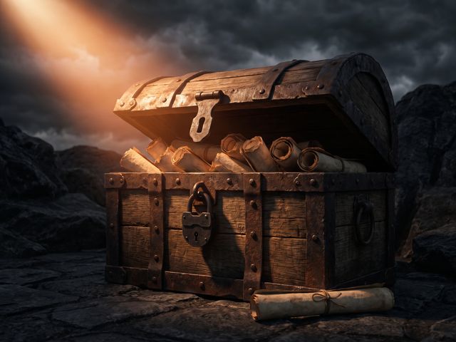 An iron-bound chest standing open, packed with rolled scrolls, one left outside