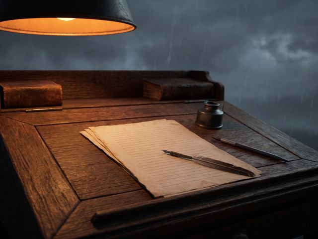 An empty copying desk with a slanted board, inkhorn and blank ruled quires