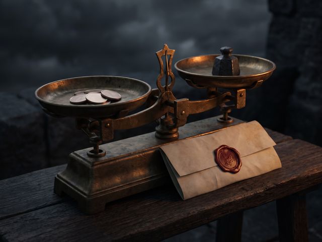 Bronze balance scales weighing blank coin blanks against a stone weight
