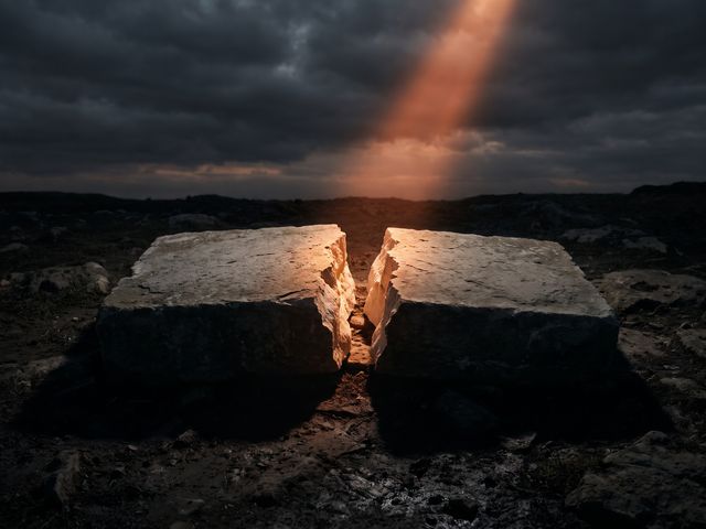 A thick stone slab cracked clean in two, light falling into the fracture