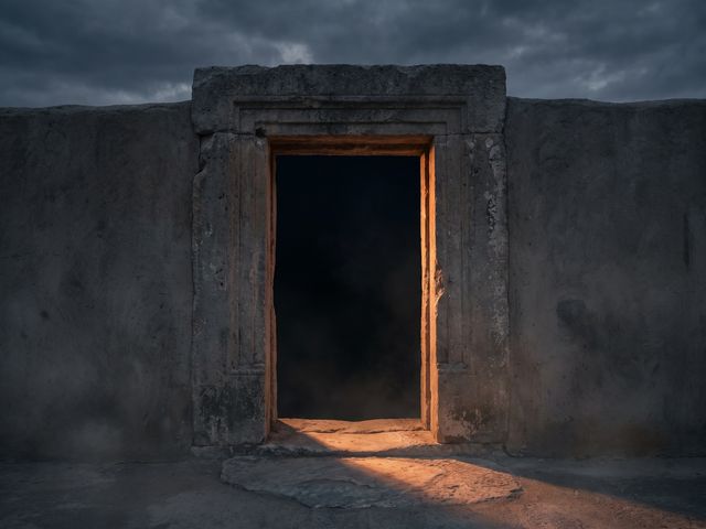 A worn stone threshold opening onto empty ground at storm dusk