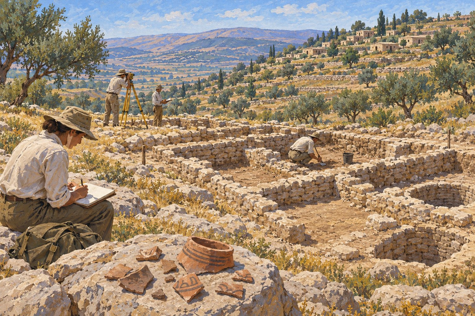 Interpretive illustration: Surveying the settlement