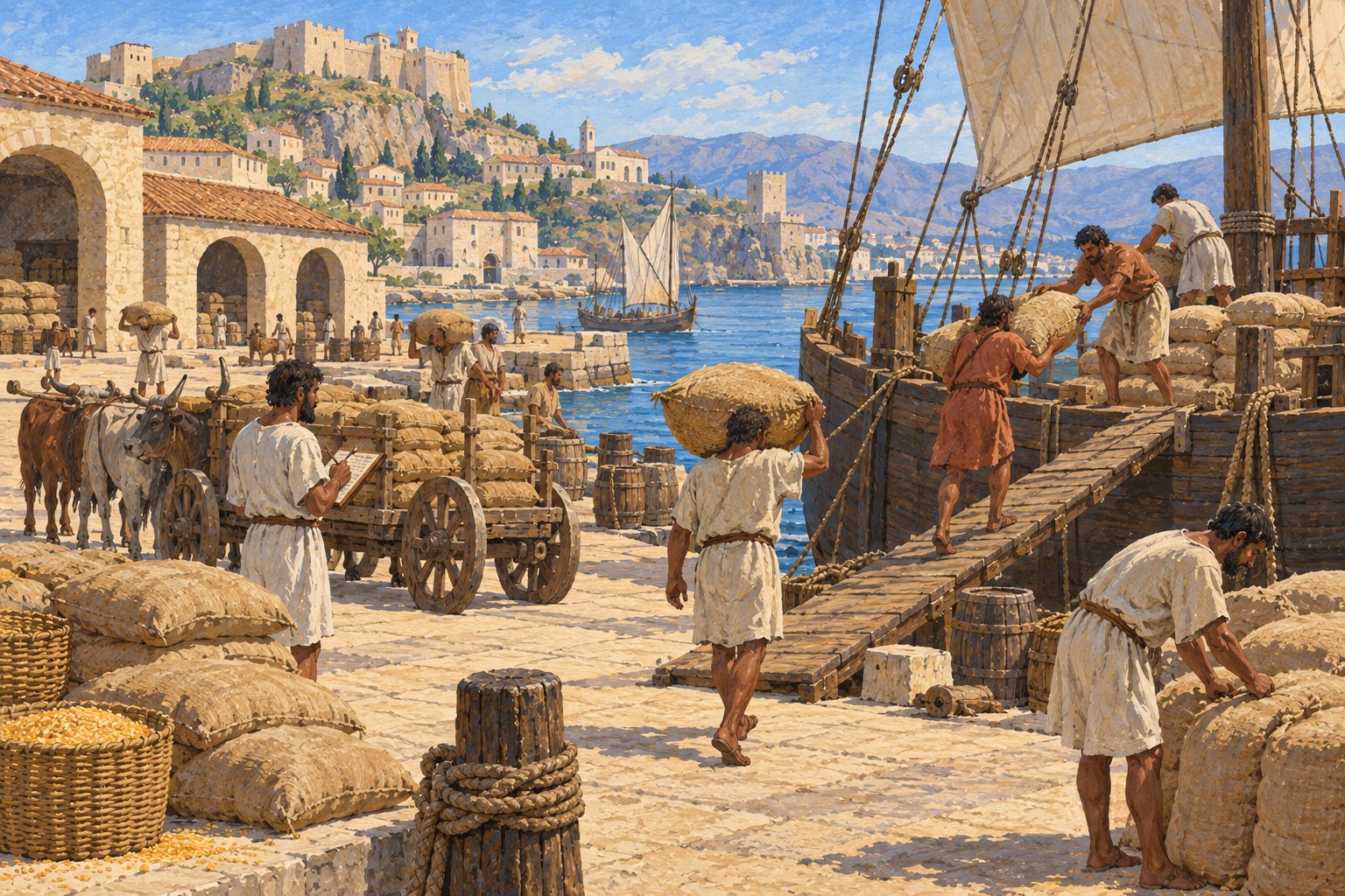 Interpretive illustration: Grain at the harbor