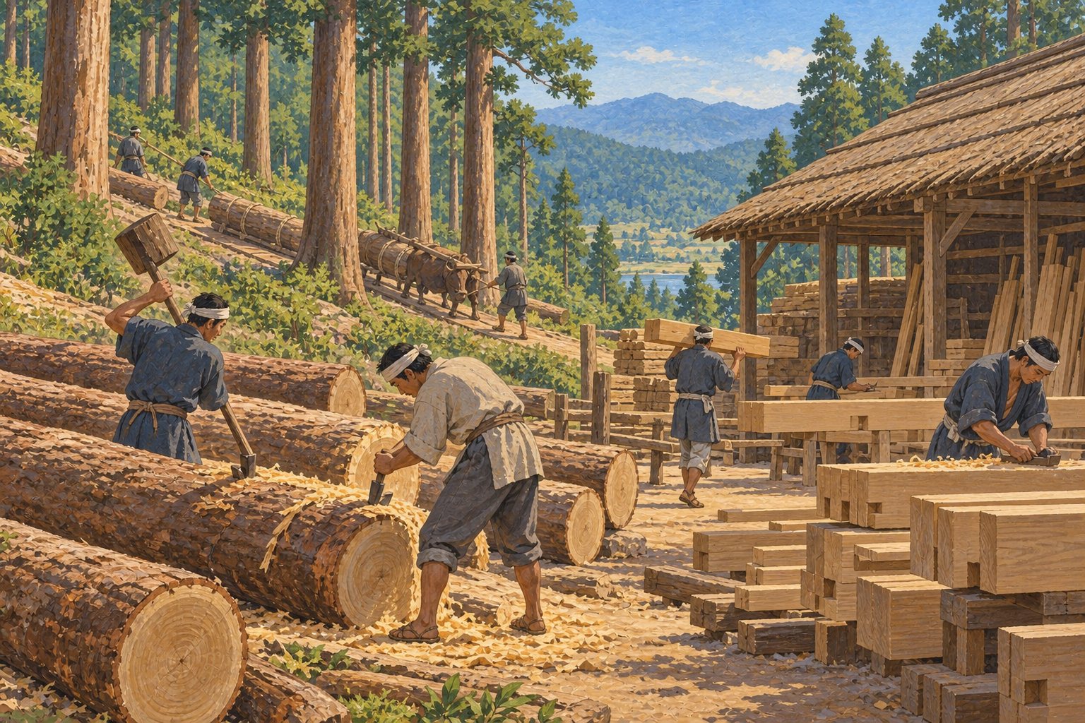 Interpretive illustration: Forest and workshop