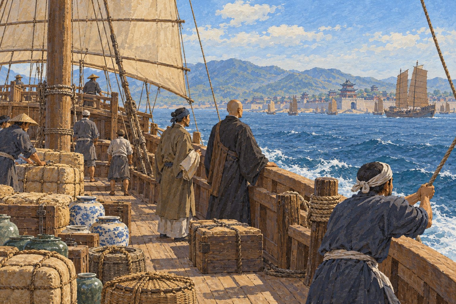 Interpretive illustration: Across the sea to China