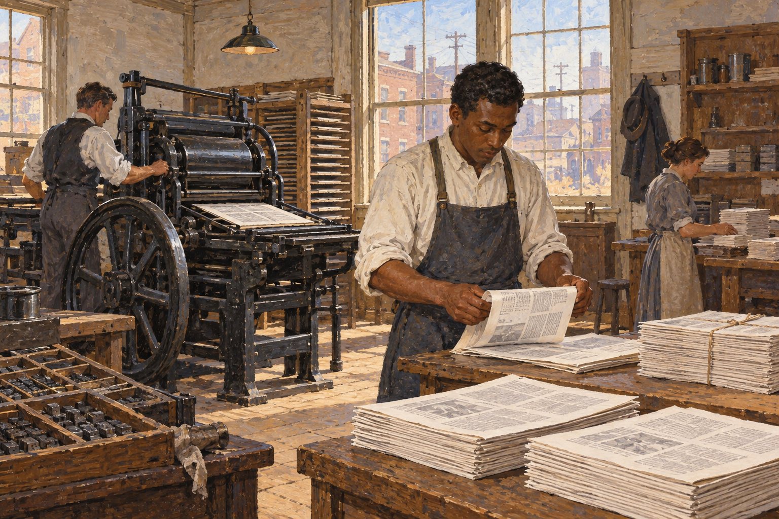 Interpretive illustration: Four pages at the press
