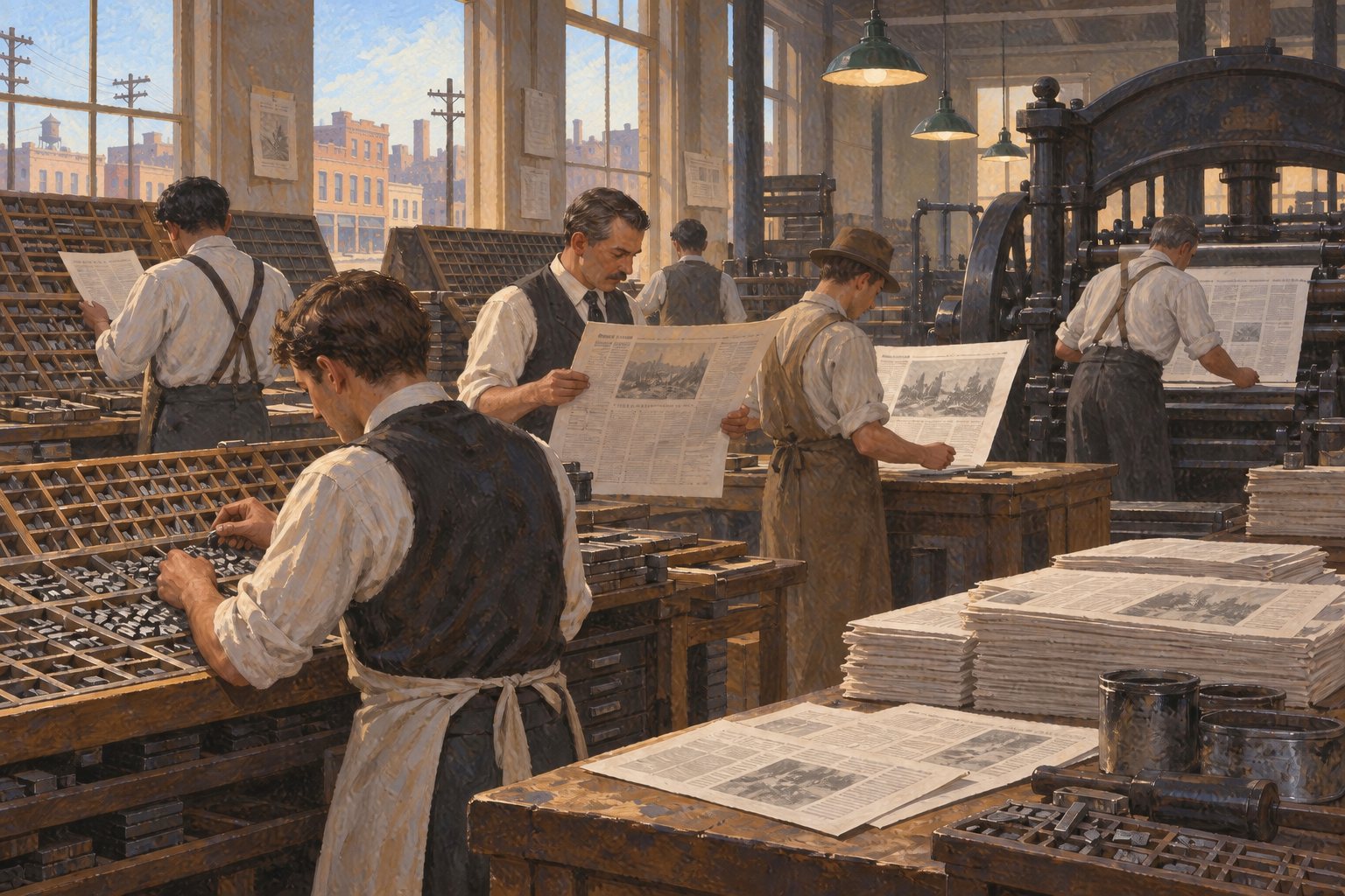 Interpretive illustration: News on the composing table