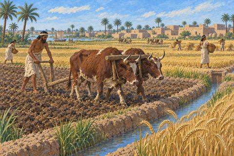 Interpretive illustration: Fields and plough teams