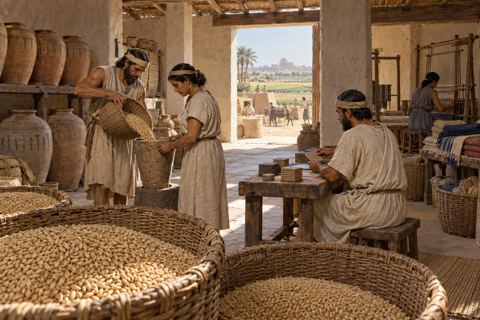 Workers carry grain baskets through a mudbrick estate storeroom while an attendant handles clay records.