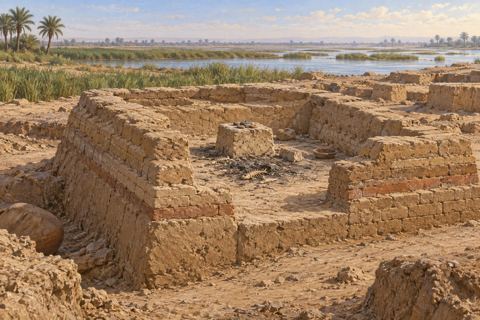 Low mudbrick shrine walls, a small altar and ash deposits in an open Mesopotamian landscape.