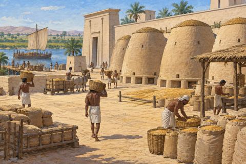 Workers carry grain baskets across an Egyptian granary court near storage bins and a river landing.