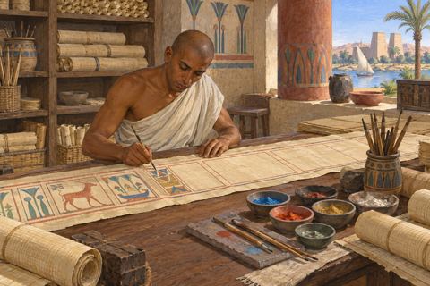 An artisan works beside partially rolled papyrus sheets and pigment bowls in a sunlit workshop.