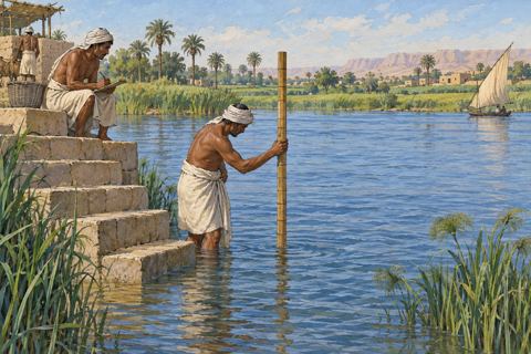 A stone stair descends to a river beside a plain measuring staff, reeds and green fields.