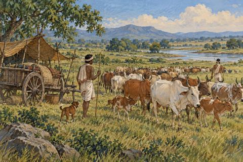 A cattle herd and two herders cross open grassland beside a simple spoked-wheel cart.