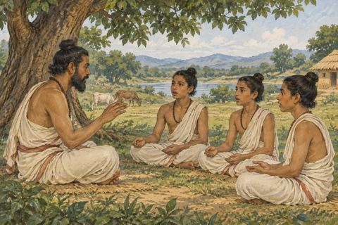 A teacher and three students sit facing each other beneath a tree, using quiet hand gestures while speaking.