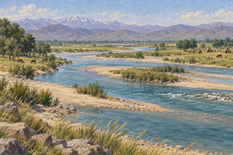 A broad river winds through open grassland, with reed margins and distant foothills.