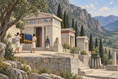 Small stone treasury buildings line a mountain terrace while attendants carry a covered chest.