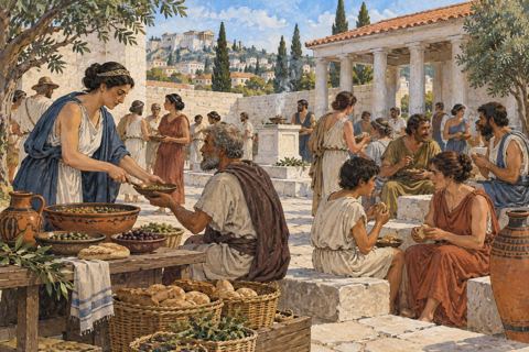 Citizens gather around bread baskets and serving dishes in a Greek stone courtyard.