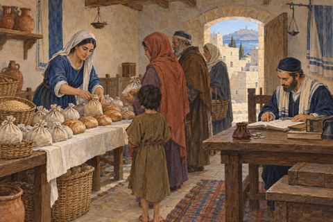 An attendant distributes food parcels while another works at a ledger in a modest communal room.