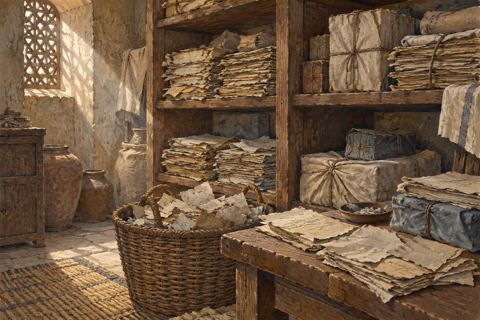 Stacks and bundles of worn paper fragments fill a dim storage chamber beside a wicker basket.