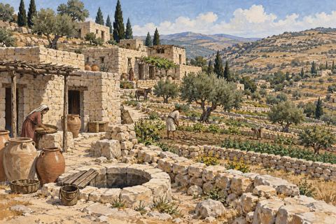 Stone houses stand beside terraced fields, storage jars and a cistern on a highland slope.