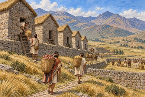 Rows of small stone storehouses stand on an Andean slope while workers carry produce baskets.
