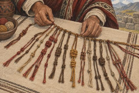 A primary cord with colored pendant strings and varied knots lies across a woven cloth beside a keeper’s hands.