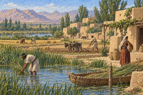 Interpretive illustration: An oasis landscape