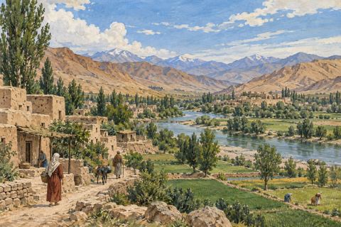 An irrigated green valley and a dusty path lie between broad arid hills.