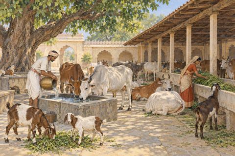 Caretakers offer water and fodder to cattle and goats in a shaded courtyard.