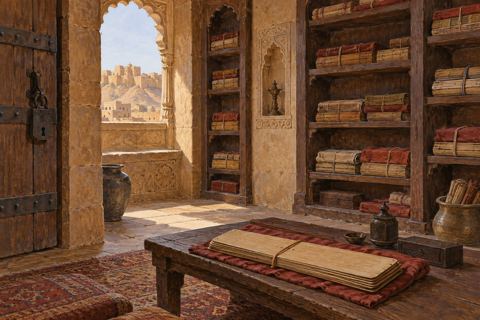 Cloth-wrapped palm-leaf manuscript bundles sit on shelves inside a sandstone storage room.