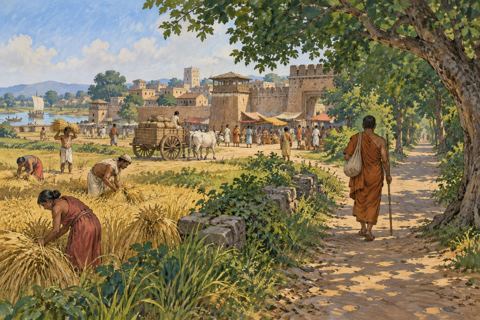 A plain-clothed traveler walks away from a busy town along a shaded road beside fields.