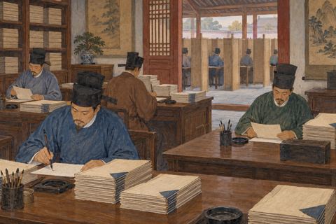 Clerks copy papers at long wooden tables while rows of small examination cubicles recede beyond.