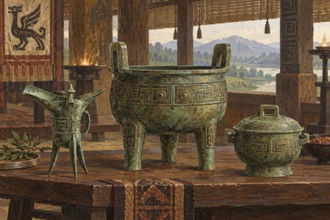 Three cast bronze vessels stand on a low wooden surface inside a timber hall.