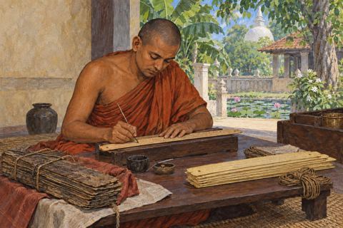 A copyist works with long palm leaves beside a bound bundle and leafy tropical courtyard.