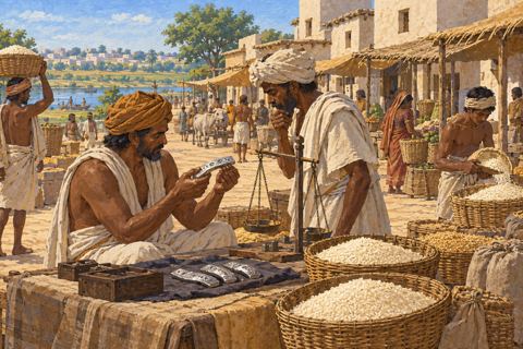 Interpretive illustration: Grain and a city