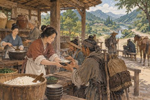 Travelers receive bowls of food at a roadside lodge with baskets and grain jars.