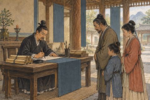 A clerk sits at a low desk with document rolls while a family waits in a modest Chinese hall.