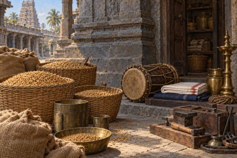 Baskets of paddy and measuring vessels sit beside a temple plinth, with a drum, folded textiles and work tools nearby.