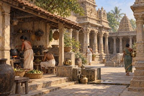 Workers prepare food and carry provisions through a stone temple courtyard, with cooking vessels, baskets and a cow in afternoon light.