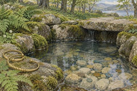 Coins rest under clear spring water beside smooth stones, with plain gold torcs at the edge.