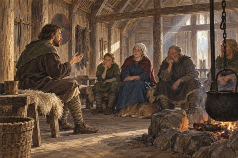An anonymous reciter addresses four listeners on benches in a timber hall beside a hearth, with a dog resting on the floor.