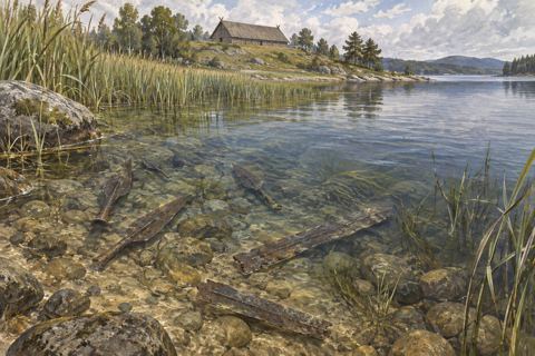 Reeds edge a quiet lake with submerged corroded metal objects and a distant timber hall.