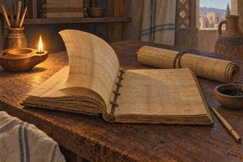An early bound book opens beside a closed scroll, showing its page edges and binding cords.