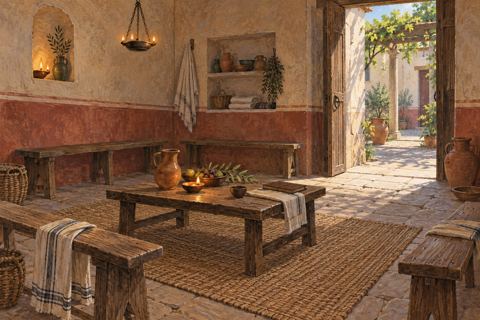 A modest plastered household room contains benches, a low table, lamps and a water jug.