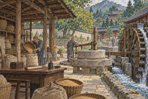 Workers handle grain beside a waterwheel and millstones in a monastic courtyard, with sacks and a small accounting desk.