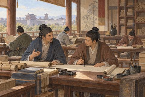Anonymous scholars work at low desks with manuscript rolls, brushes and ink dishes.