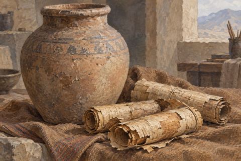 An earth-colored clay jar with a faded painted band stands beside fragile curled rolls of birch bark on cloth.